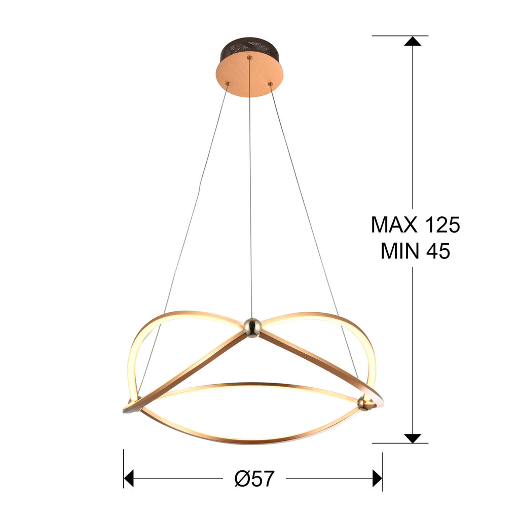 Medidas Lámpara LED Schuller Ocellis Oro Rosa (Ref. 757232): Ø60cm, Alto 45-125cm, Florón Ø15x5cm.  Luzguru.com
