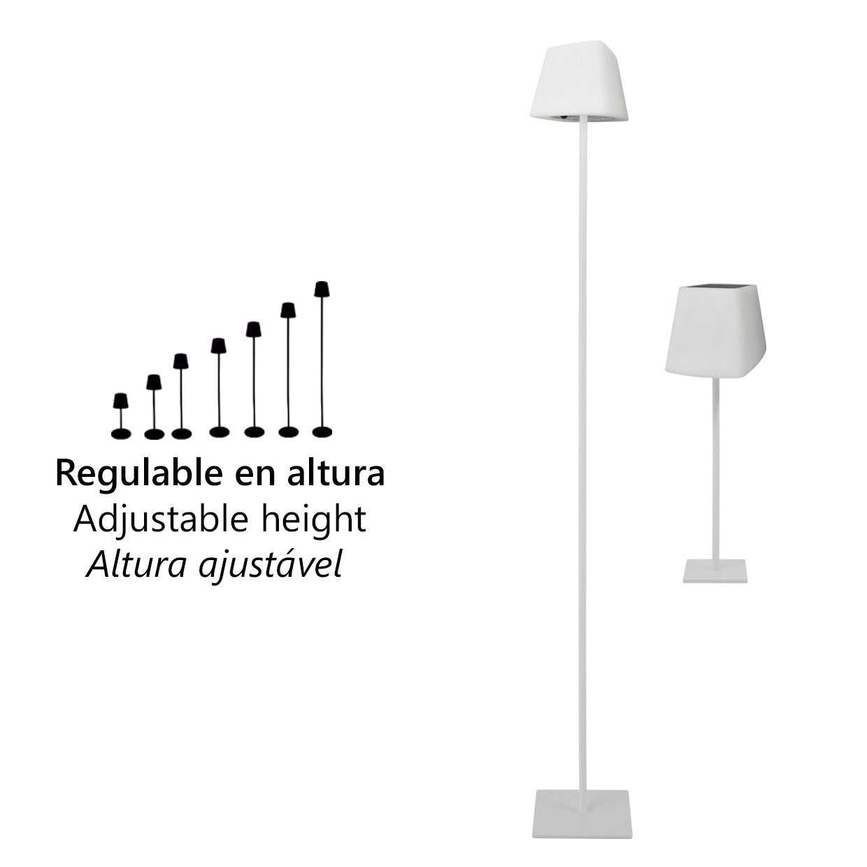 Detalle de LED y controles en lámpara solar Cube blanco