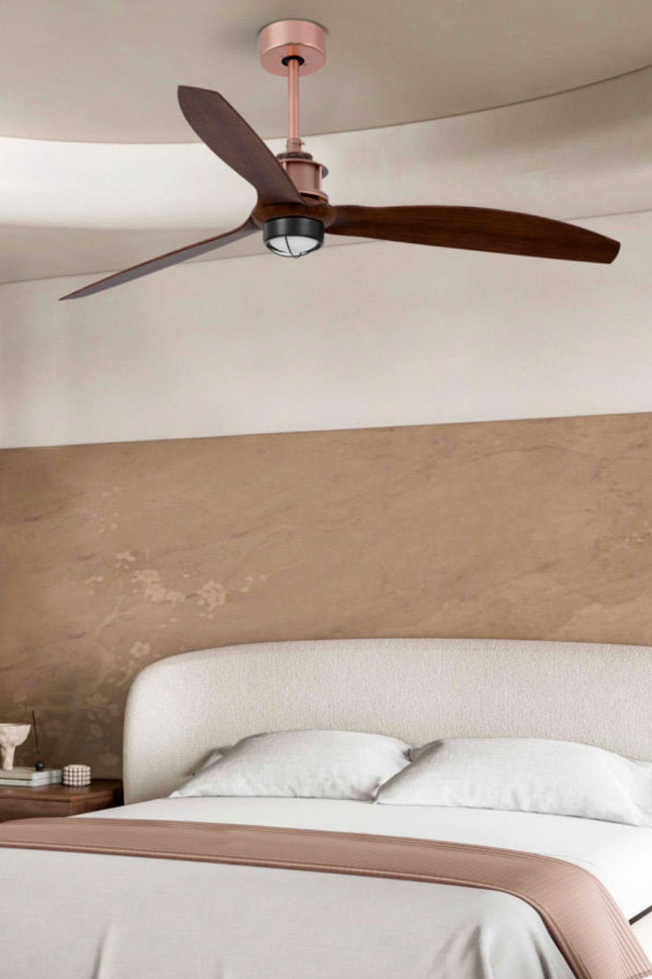 Ventilador de techo LED FARO JUST FAN ref. 33399-10, diseño moderno en cobre y nogal con luz cálida 3000K para ventilación y iluminación eficiente.