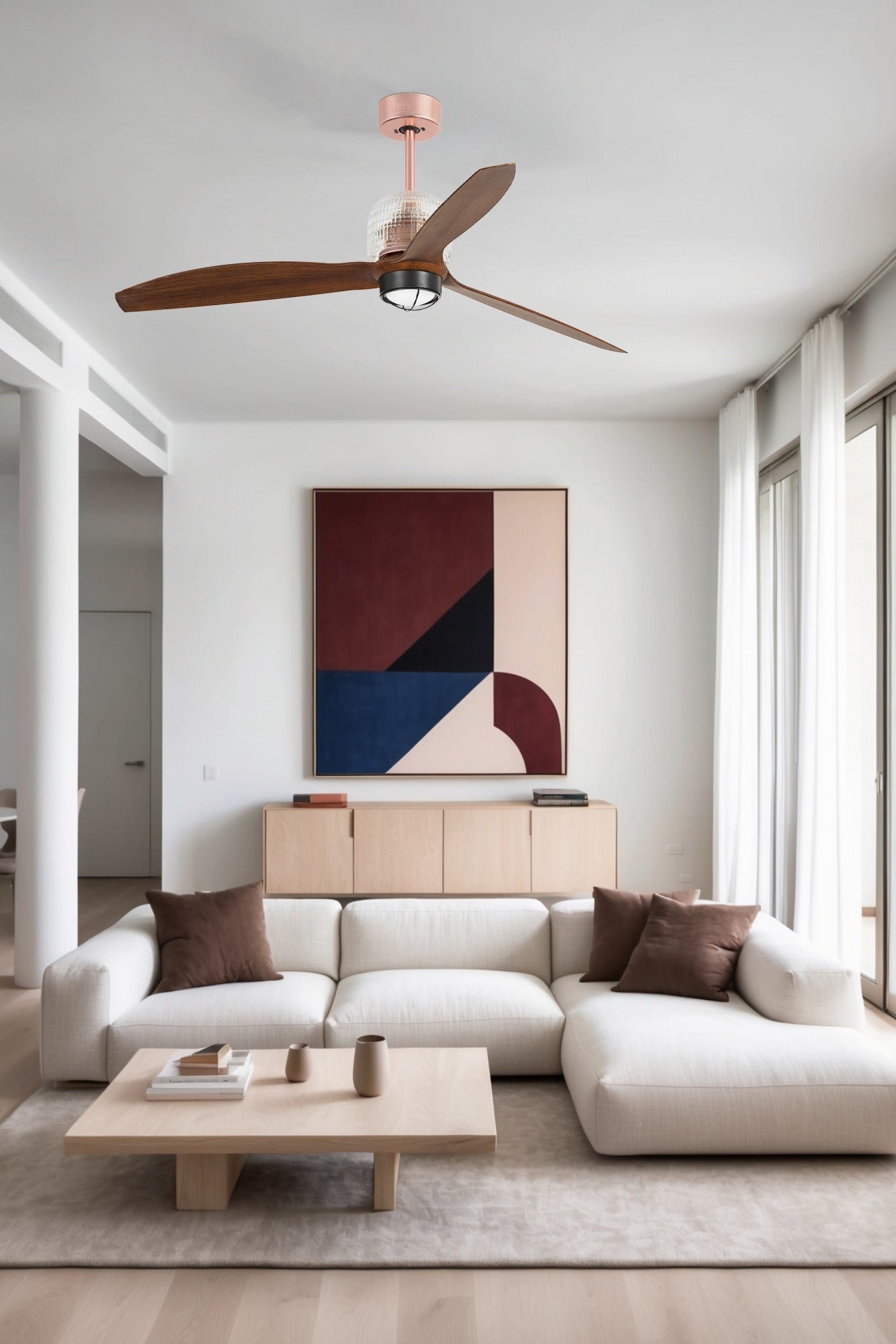 Ventilador de techo LED Deco Fan M en cobre FARO, ref. 33399D-10, con luz y ventilación, disponible en Luzguru