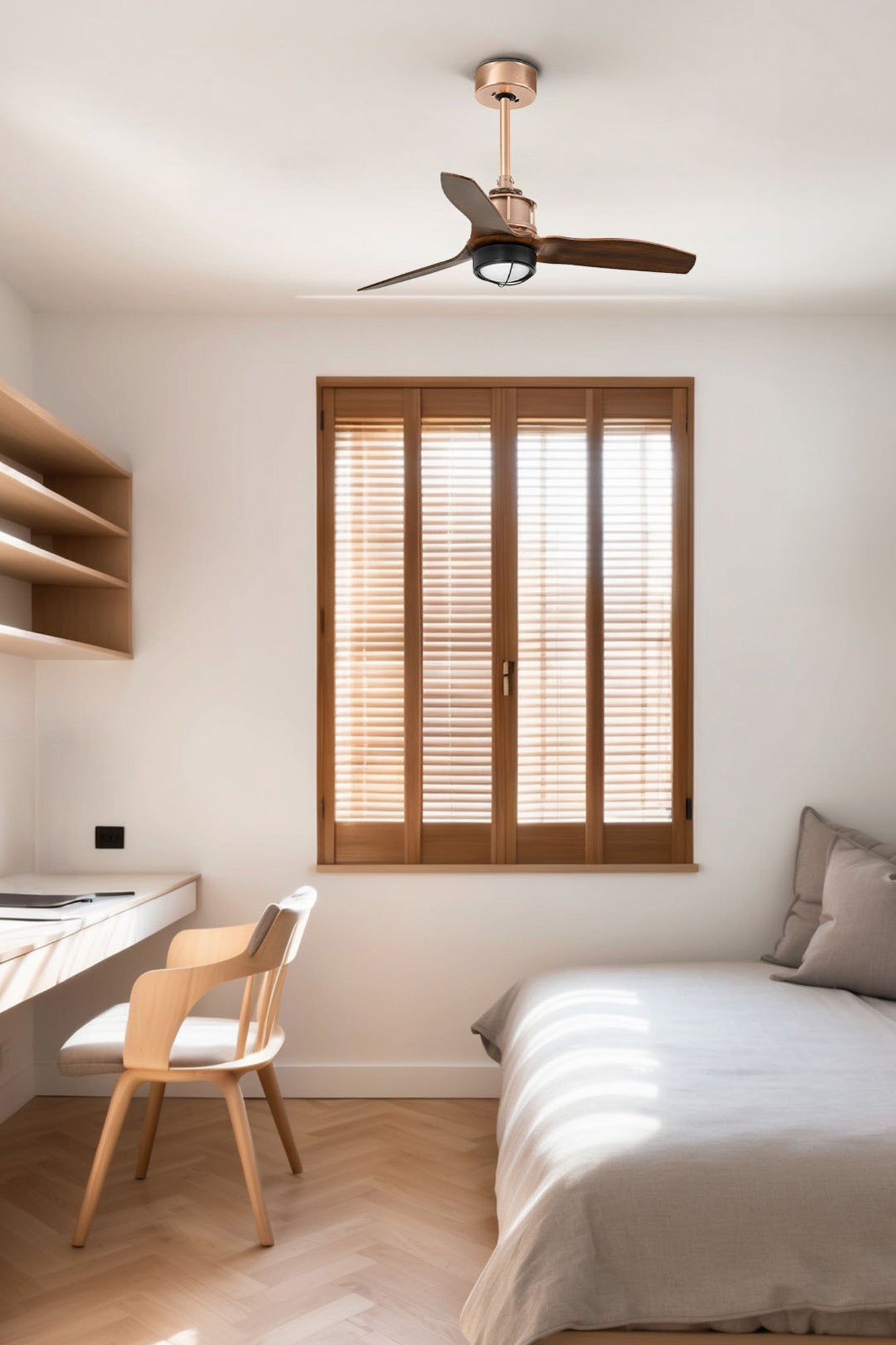 Ventilador de techo LED en cobre y nogal FARO Just Fan S, ref. 33423-10, iluminación integrada y ventilación eficiente para techos modernos