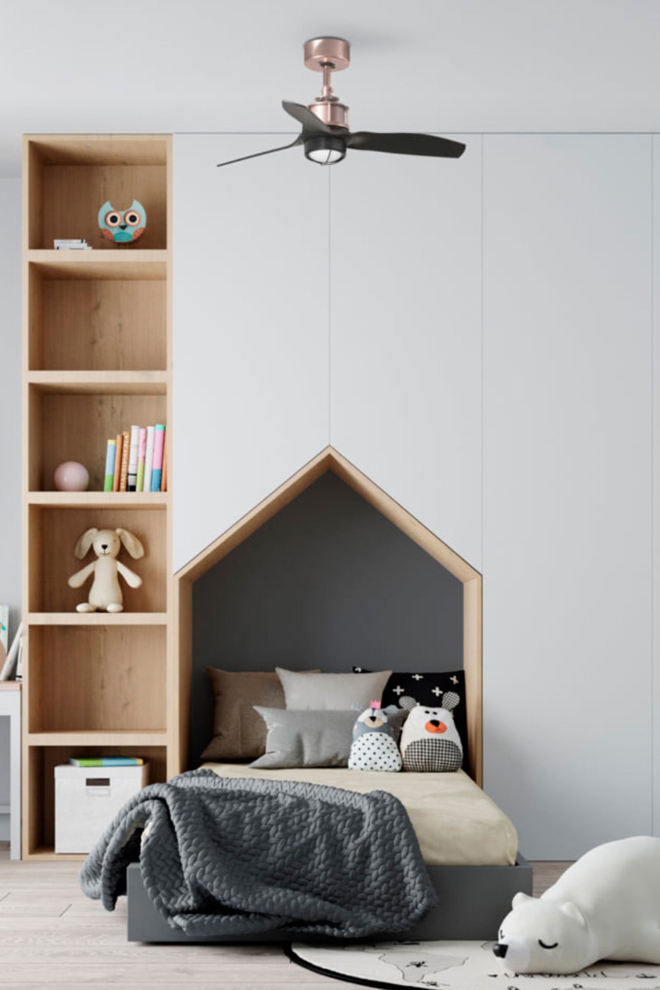 Ventilador de techo LED FARO Just Fan S, diseño moderno en negro y cobre con luz integrada, ref. 33427-10, ventilación eficiente para interiores.