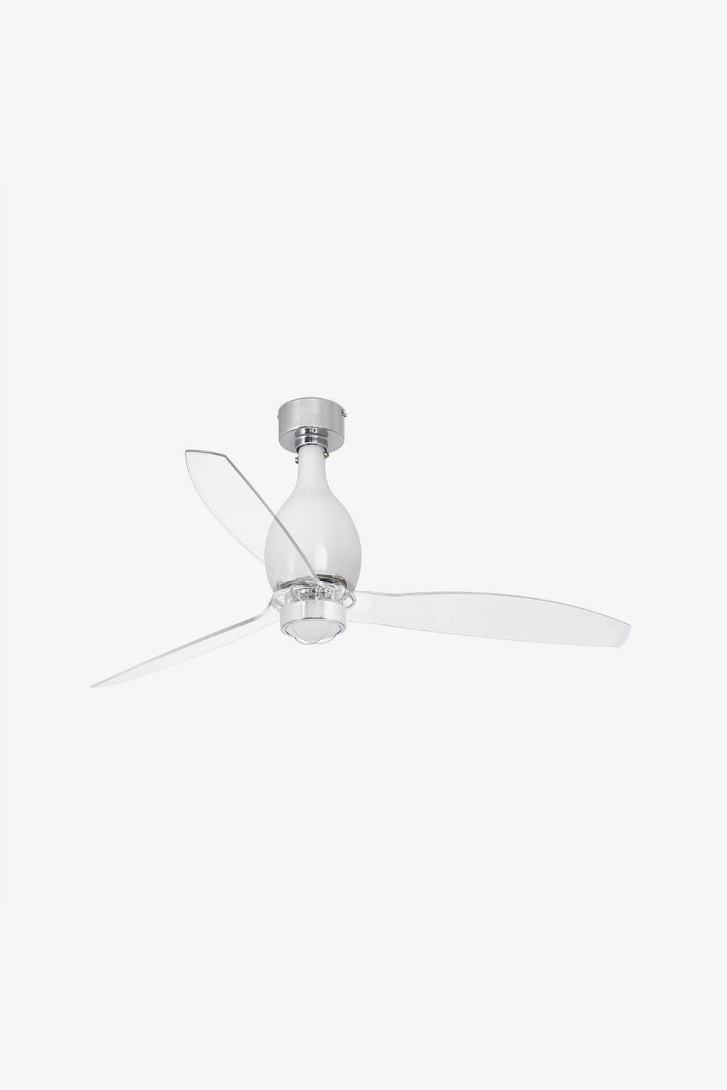 Ventilador de techo LED FARO MINI ETERFAN blanco brillante y transparente, diseño moderno con eficiencia energética, iluminación LED integrada, ref. 32020-9 de LuzGuru