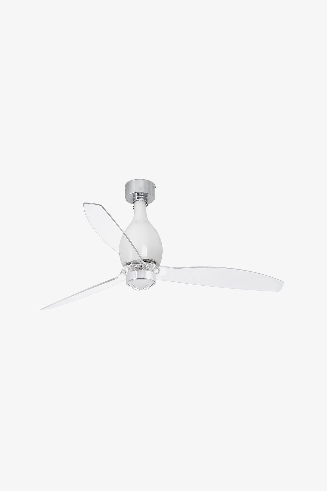 Ventilador de techo LED FARO MINI ETERFAN blanco brillante y transparente, diseño moderno con eficiencia energética, iluminación LED integrada, ref. 32020-9 de LuzGuru