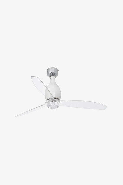 Ventilador de techo LED FARO MINI ETERFAN blanco brillante y transparente, diseño moderno con eficiencia energética, iluminación LED integrada, ref. 32020-9 de LuzGuru