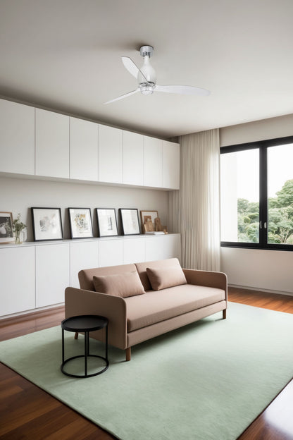 Ventilador de techo LED FARO MINI ETERFAN blanco con brillo, diseño moderno y eficiente energéticamente, iluminación LED transparente, ref. 32020-9 de LUZGURU