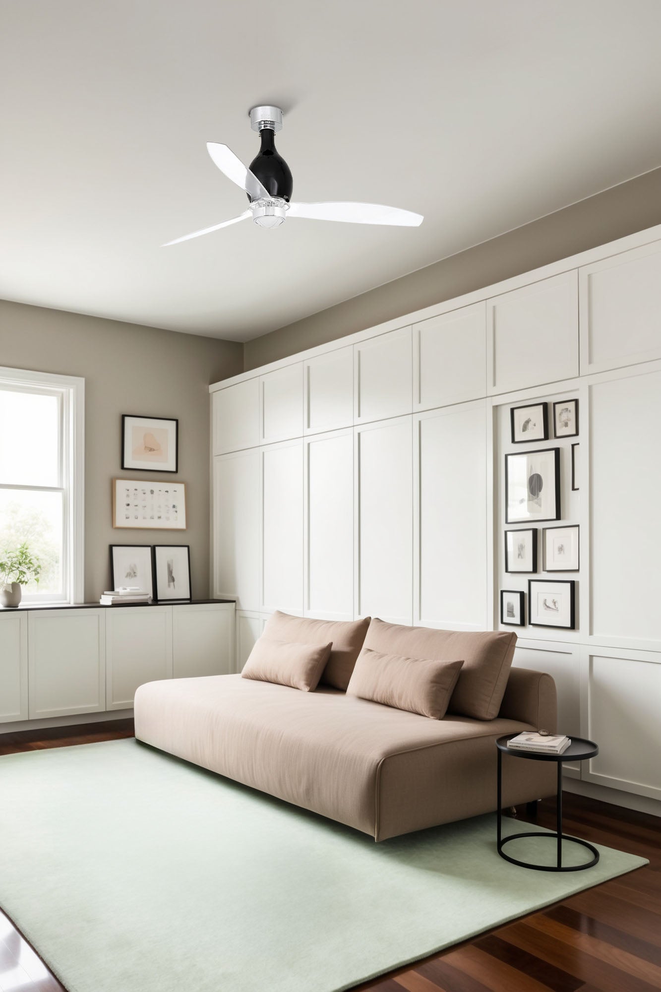 Ventilador de techo LED FARO MINI ETERFAN en negro mate, diseño moderno y silencioso para interior con bajo consumo, ventilación eficiente, ref. 32027-10 de LUZGURU