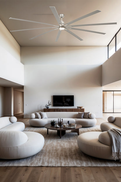 Ventilador de techo LED Manhattan FARO 3387, ref. 33496, diseño moderno en níquel satinado con aspas de aluminio y acero, motor DC eficiente, luz integrada, ideal para ventilación y iluminación en LUZGURU