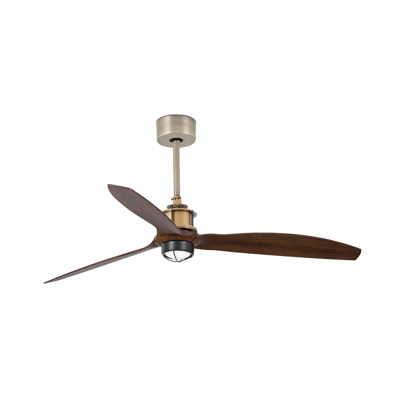 Ventilador de techo LED FARO Just Fan M en acabado oro viejo, diseño industrial moderno con aspas en nogal, ref. 33398-10, iluminación y ventilación eficiente para interiores