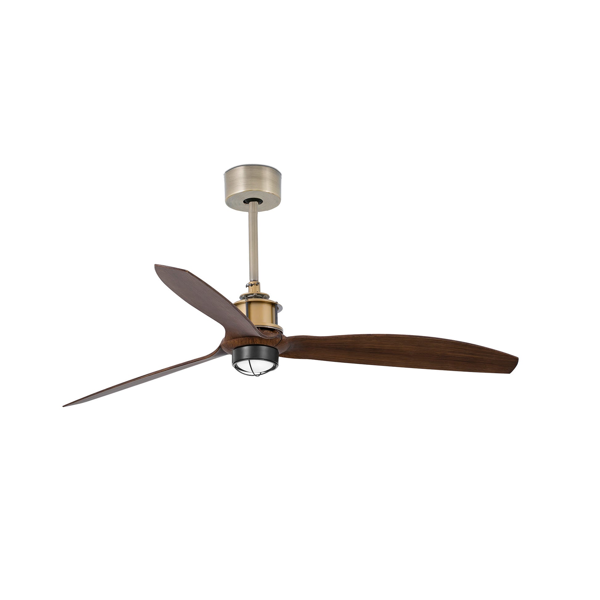 Ventilador de techo LED FARO Just Fan M en acabado oro viejo, diseño industrial moderno con aspas en nogal, ref. 33398-10, iluminación y ventilación eficiente para interiores