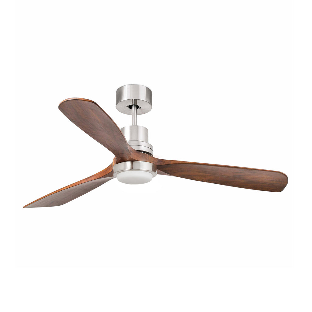 Ventilador de techo LED Lantau FARO diseño moderno en nogal y níquel mate, motor DC silencioso para interiores