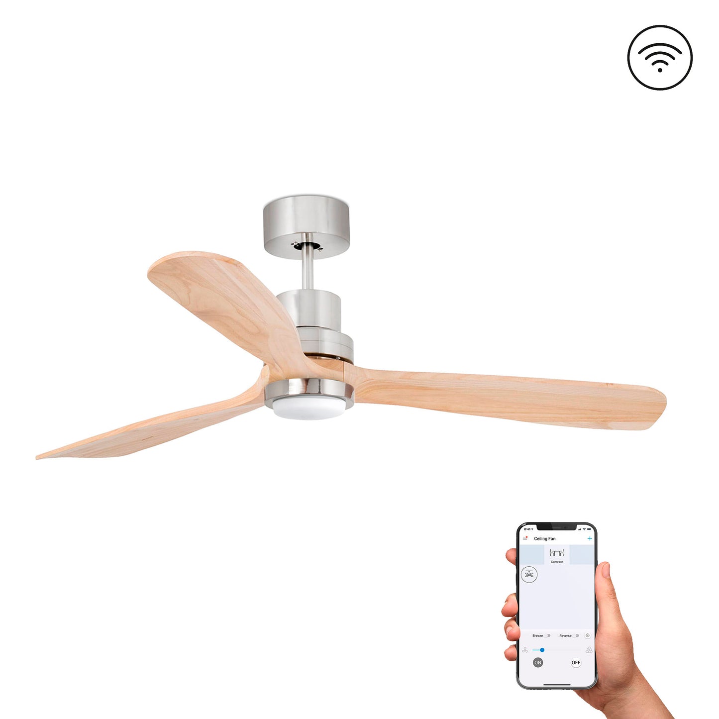 Ventilador de techo LED FARO Serie 3337 con 3 aspas madera de pino y motor DC, luz SMD 3000K, 6 velocidades en níquel satinado