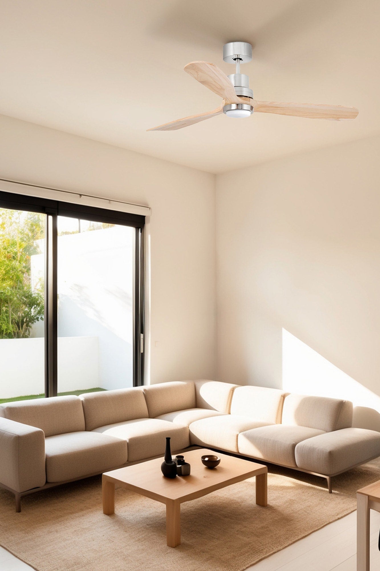 Ventilador de techo LED FARO Serie 3337 Ref. 33560DC con 3 aspas de madera de pino, motor DC eficiente, 6 velocidades, luz SMD 3000K opal y acabado níquel satinado | LUZGURÚ