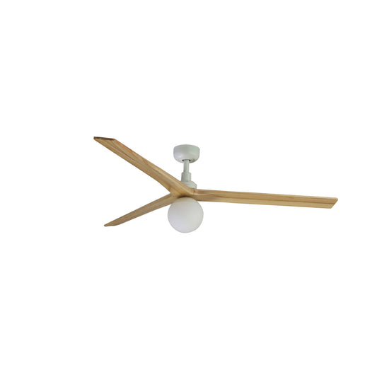 Ventilador de techo blanco silencioso FARO KLIM L 3429 con luz LED, motor DC y aspas de madera roble, referencia 34279-11L