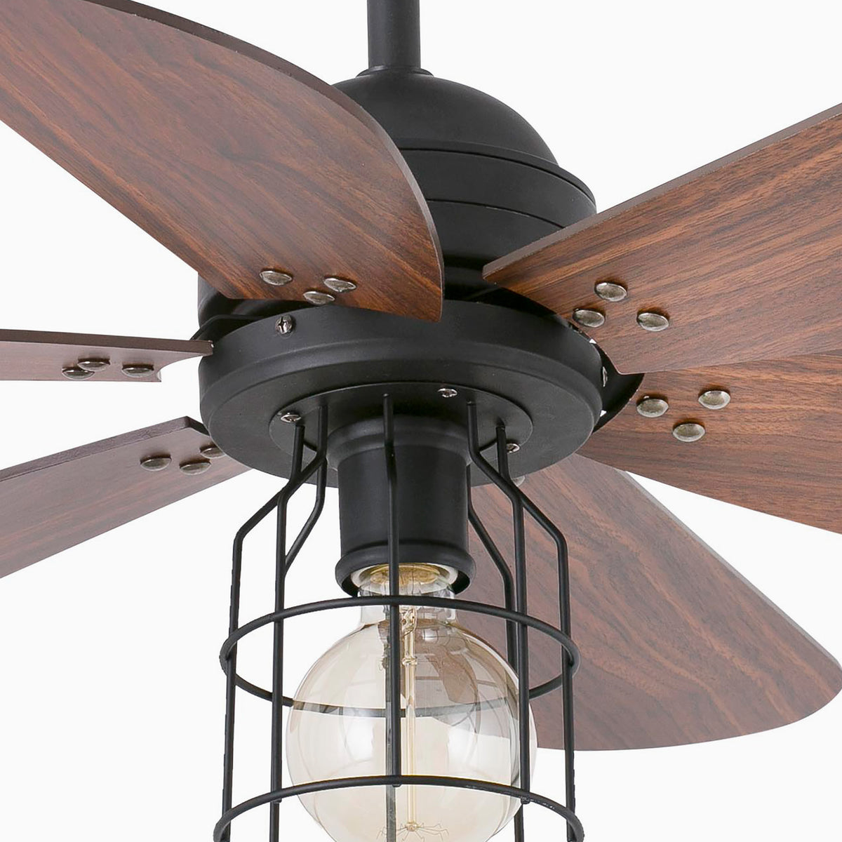 Ventilador de techo con luz industrial FARO Chicago S, diseño moderno en negro y nogal, ventilación interior para hogares. Ref: 33703 LUZGURU.