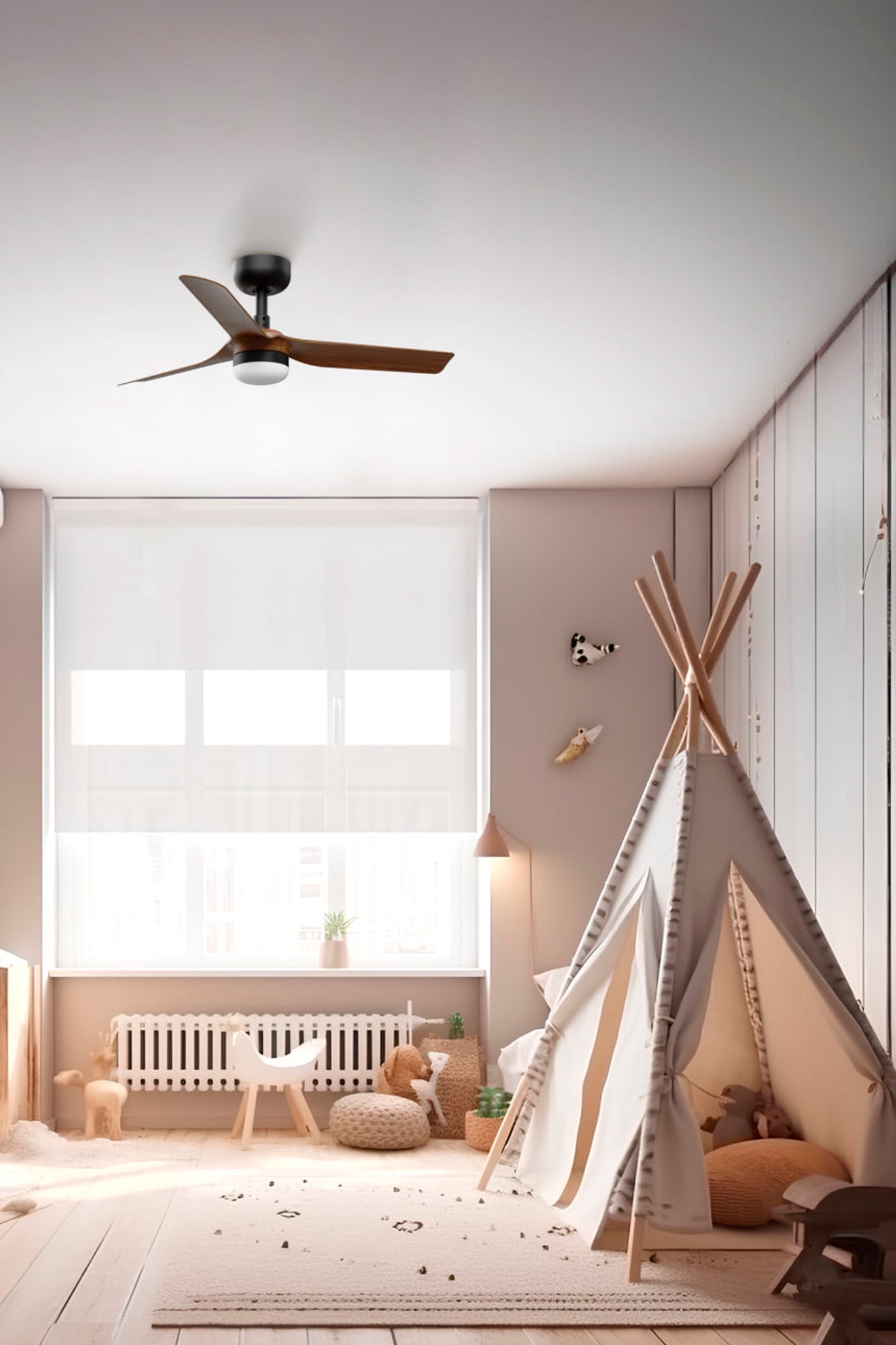 Ventilador de techo LED FARO 3319 bajo consumo con motor DC, diseño negro y nogal, mando a distancia, iluminación interior eficiente y ventilación silenciosa, ref. 33823-1TW