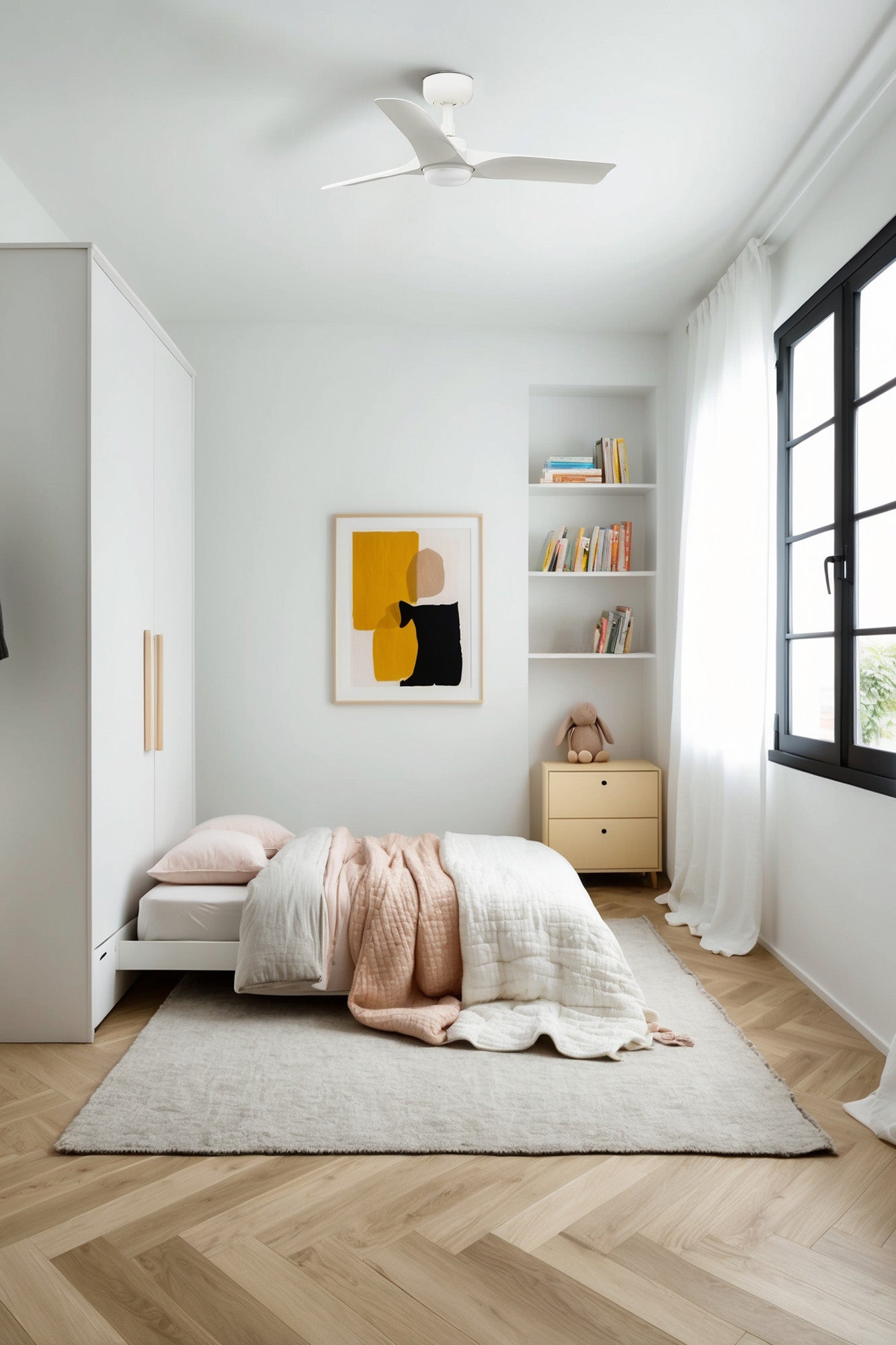 Ventilador de techo LED blanco silencioso HEY S de FARO, modelo 33824-1TW con luz integrada, diseño moderno para ventilación interior