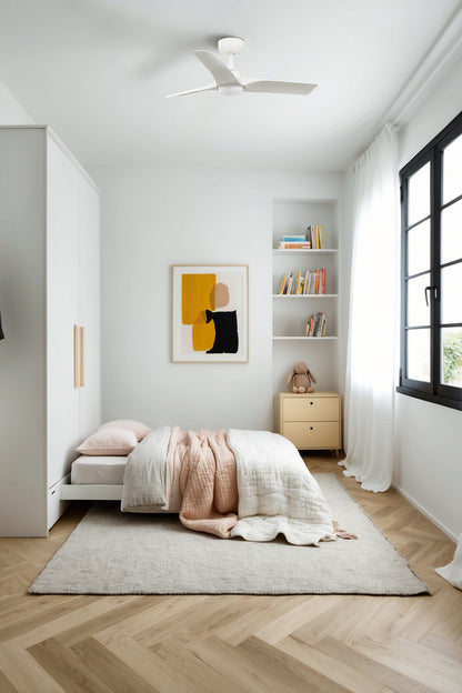 Ventilador de techo LED blanco silencioso HEY S de FARO, modelo 33824-1TW con luz integrada, diseño moderno para ventilación interior