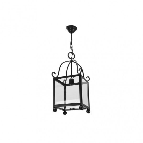 Farol de forja negro Monasterio, ideal para decoración rústica. Fabrilamp.