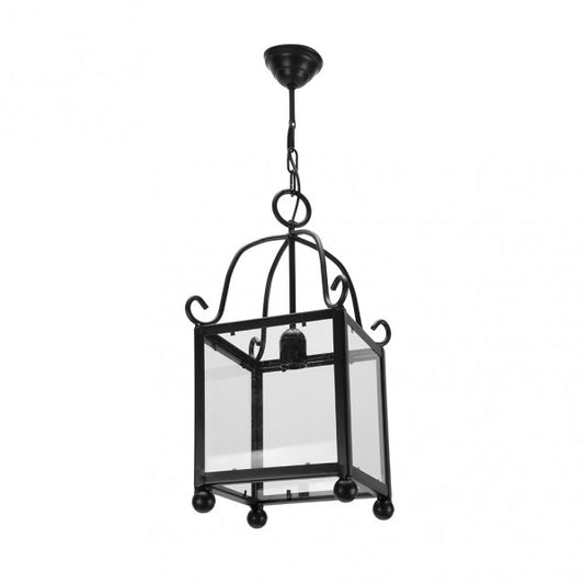 Farol de forja estilo Monasterio, color negro, con portalámpara E27. Ideal para iluminación exterior.