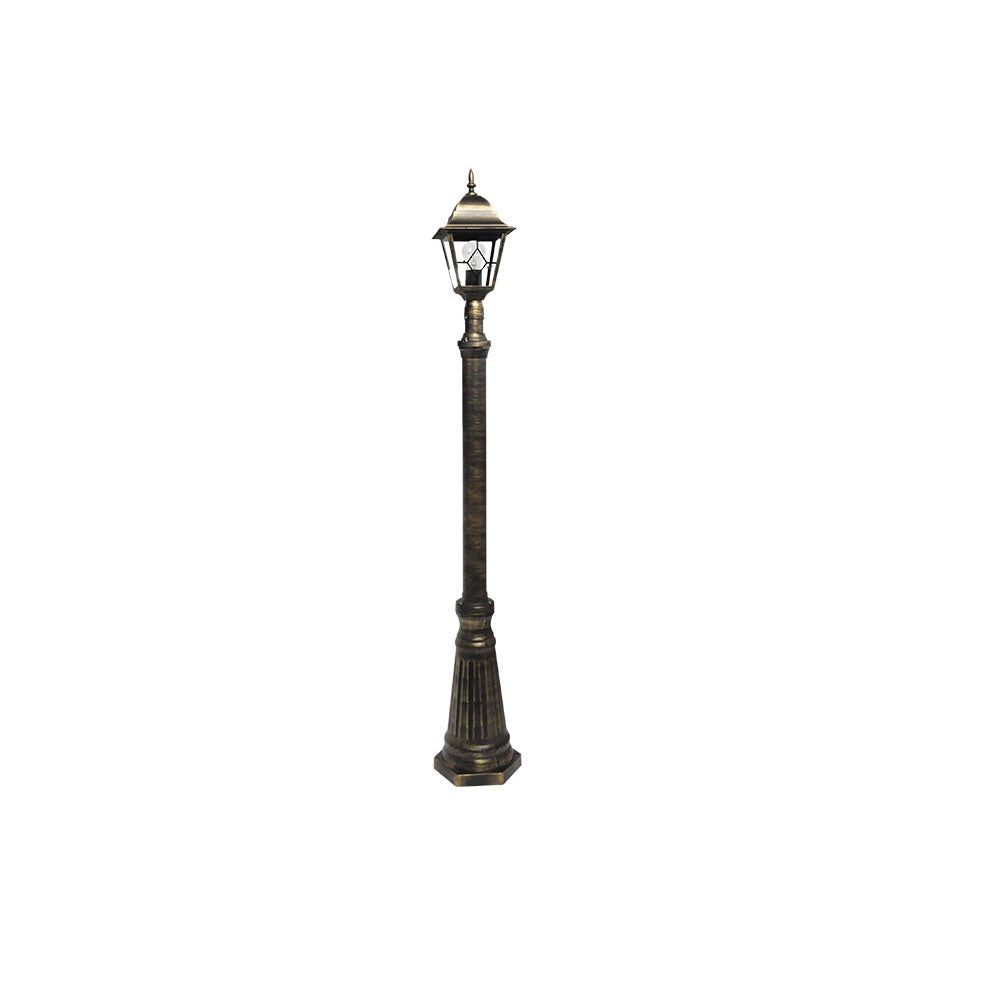 Farola Bootes fabricada en aluminio color negro y oro, ideal para iluminar exteriores
