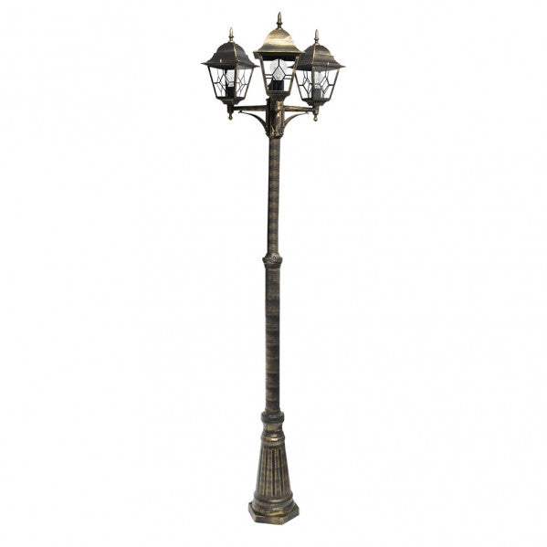 Farola exterior Bootes de aluminio negro y oro, diseño clásico, ideal para exteriores.