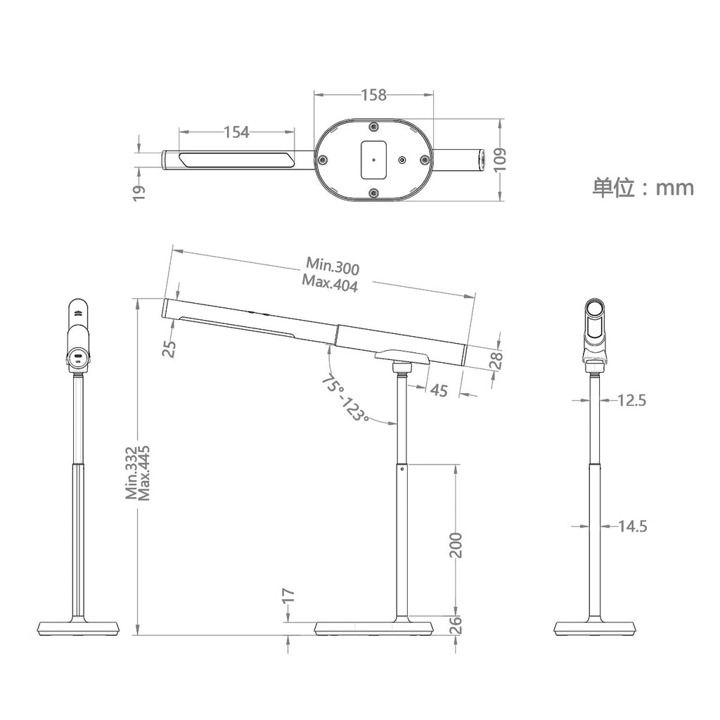 Flexo LED Aura Negro AJP/Alemar (Ref. 11594): Medidas del flexo LED regulable 8W con 3 temperaturas de color (3000K-4000K-6500K) y 340 lúmenes.  Iluminación eficiente y versátil para tu hogar.  Luzguru.com

