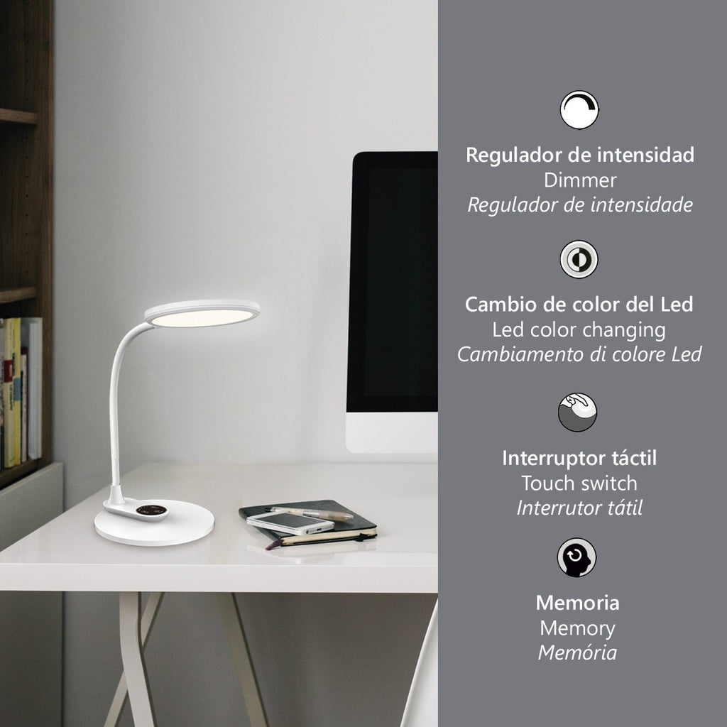 Flexo LED Edgar Blanco AJP/Alemar (Ref. 11588) - Medidas: Iluminación eficiente 9W, 530 lúmenes, luz cálida/neutra/fría (3000-3800-5700K). Diseño moderno y funcional. luzguru.com
