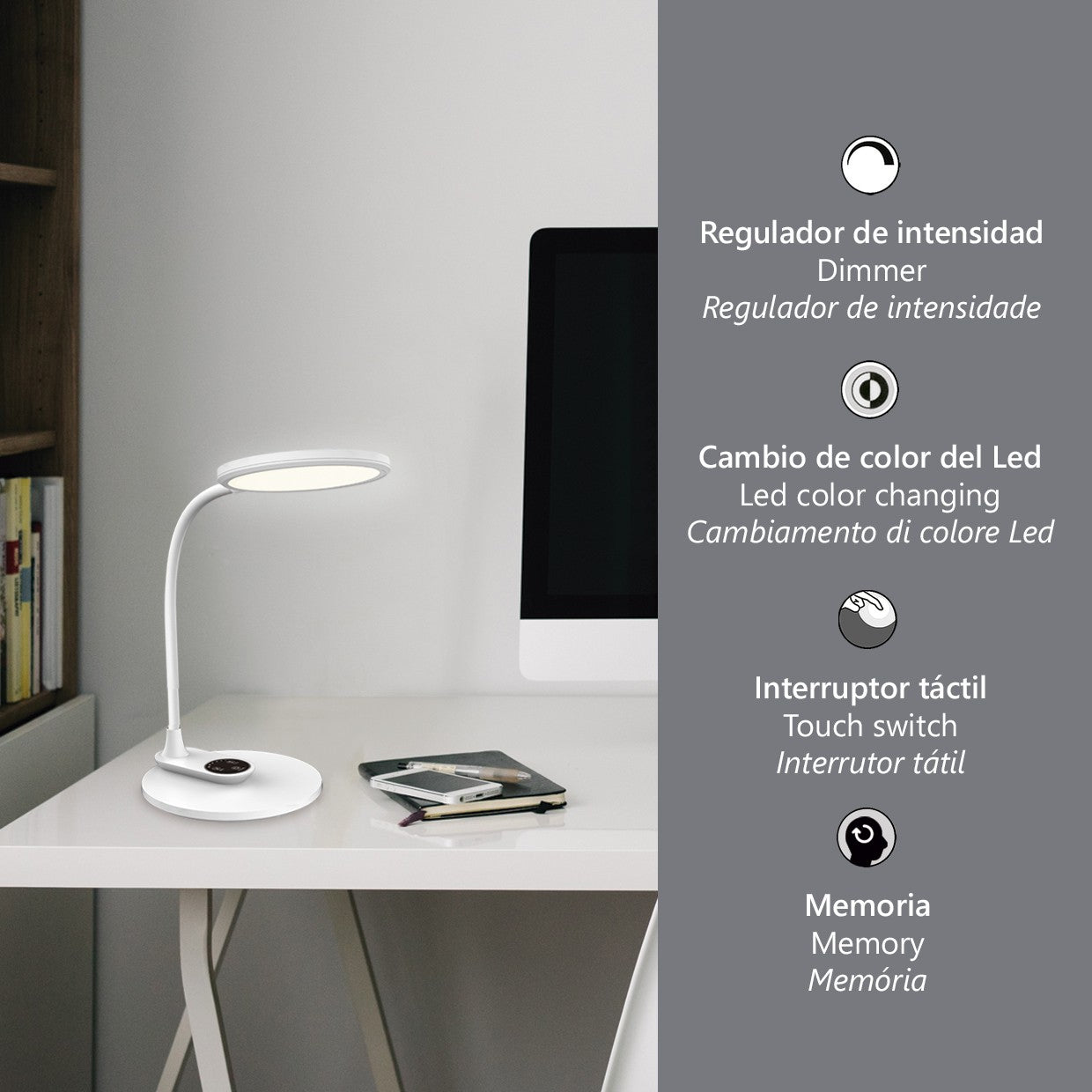 Flexo LED Edgar Blanco AJP/Alemar (Ref. 11588) - Medidas: Iluminación eficiente 9W, 530 lúmenes, luz cálida/neutra/fría (3000-3800-5700K). Diseño moderno y funcional. luzguru.com
