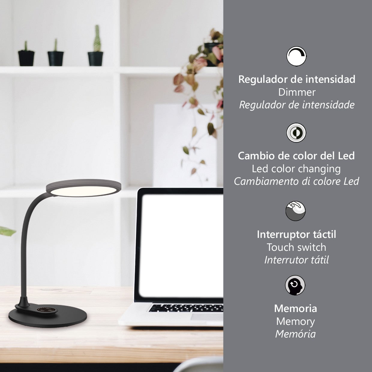 Flexo LED Edgar Negro AJP/Alemar (Ref. 11589): Dimensiones detalladas. Iluminación eficiente de 9W y 530 lúmenes, con temperatura de color ajustable (3000-3800-5700K). Diseño moderno y elegante. LuzGuru.com
