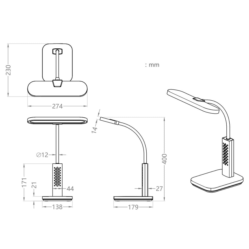 Flexo LED Morin Blanco AJP/Alemar (Ref. 11591): Dimensiones detalladas. Iluminación eficiente de 9W y 530 lúmenes con temperatura de color ajustable (3000-3800-5700K). Diseño moderno y elegante.  luzguru.com
