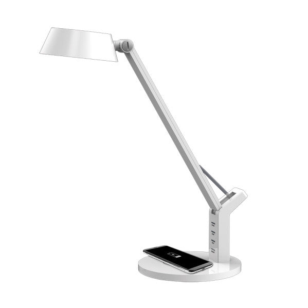 Flexo Soroya Blanc 8W LED con carga inalámbrica Qi, Fabrilamp. Diseño moderno y elegante para escritorio.