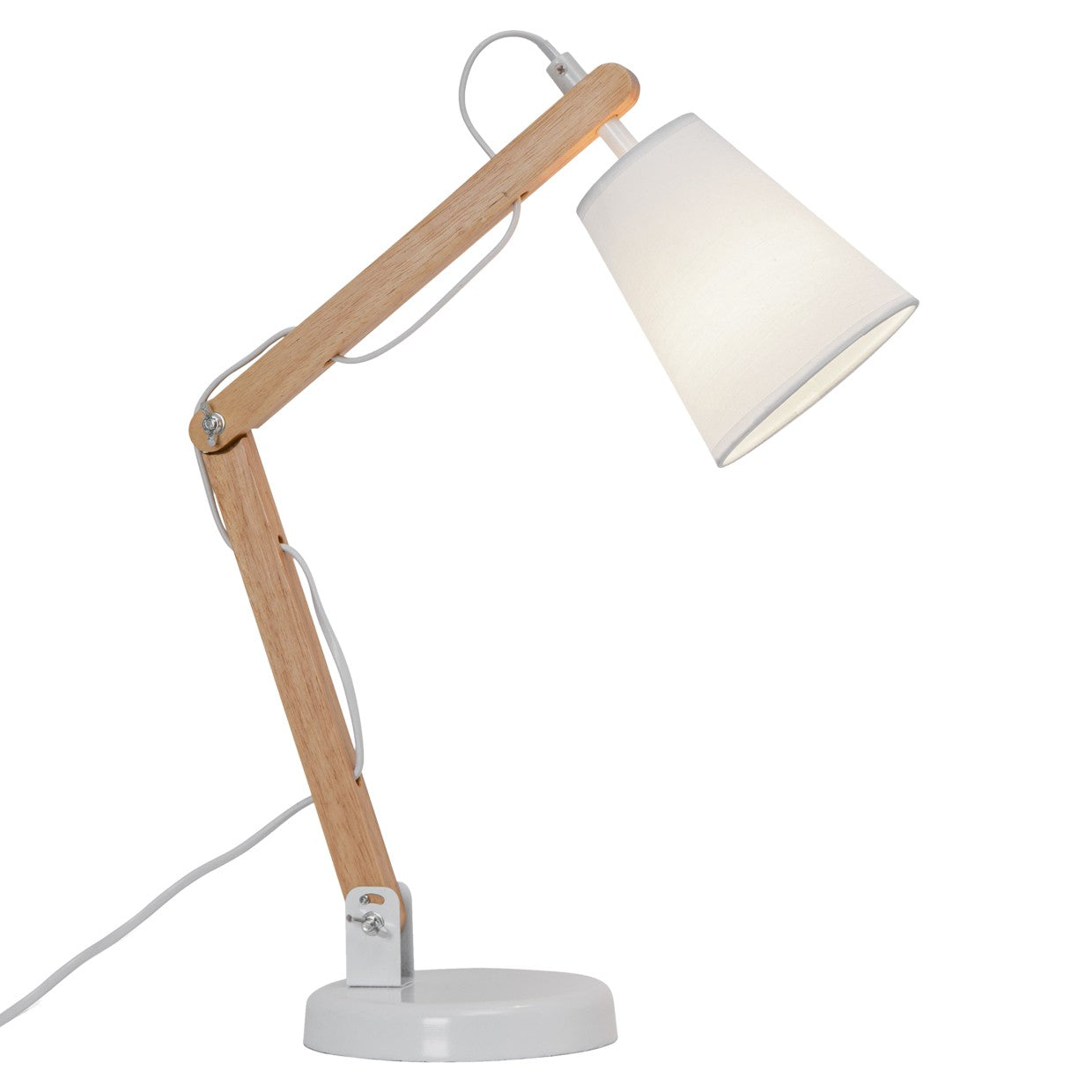 Flexo Truman AJP/Alemar (Ref. 11040): Dimensiones detalladas. Elegante diseño blanco/madera, base metálica articulada. Iluminación perfecta para tu hogar.  luzguru.com
