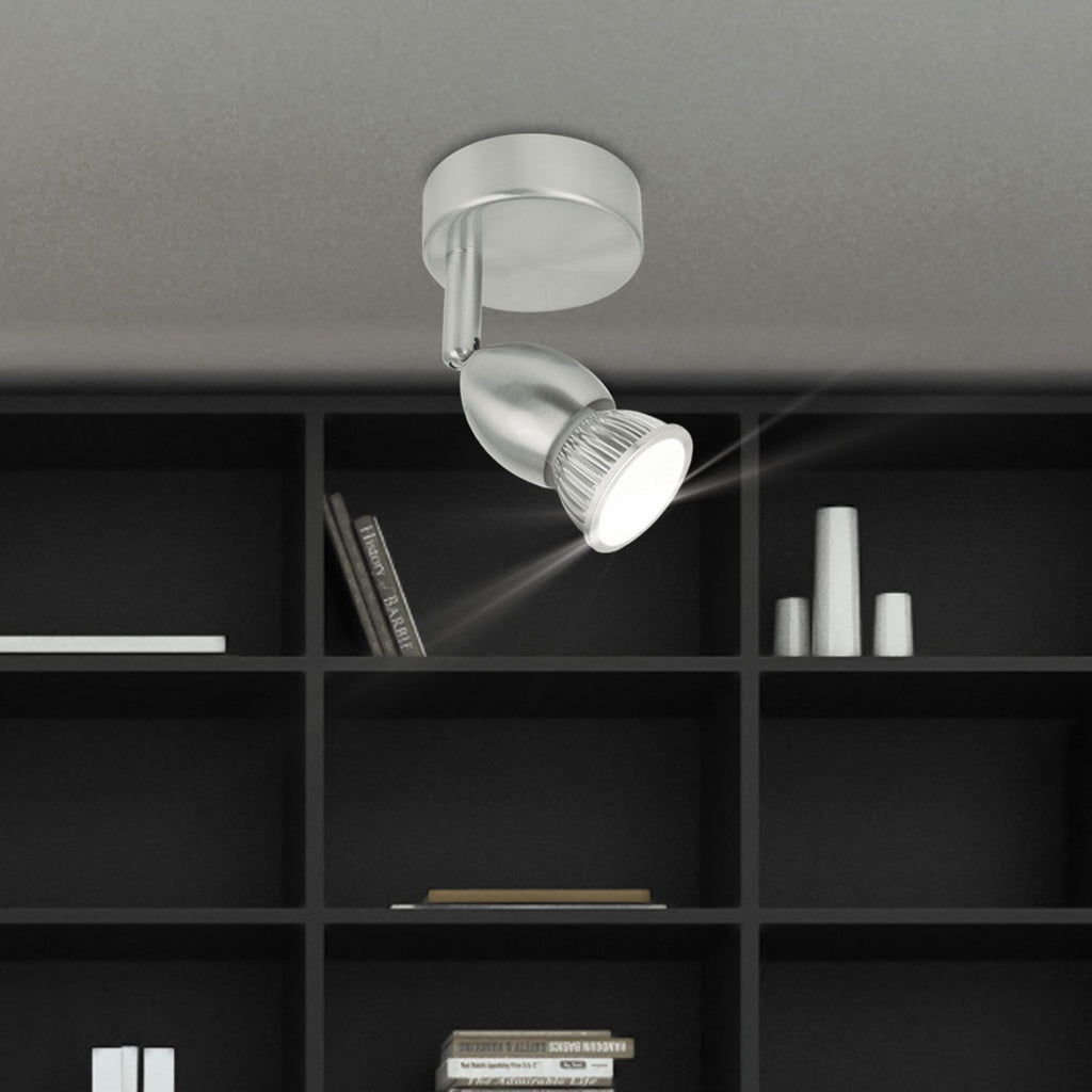 Foco Bala AJP/Alemar 10415: Dimensiones del elegante foco articulado en níquel satinado. Compatible con bombillas GU10 LED.  Compra en luzguru.com
