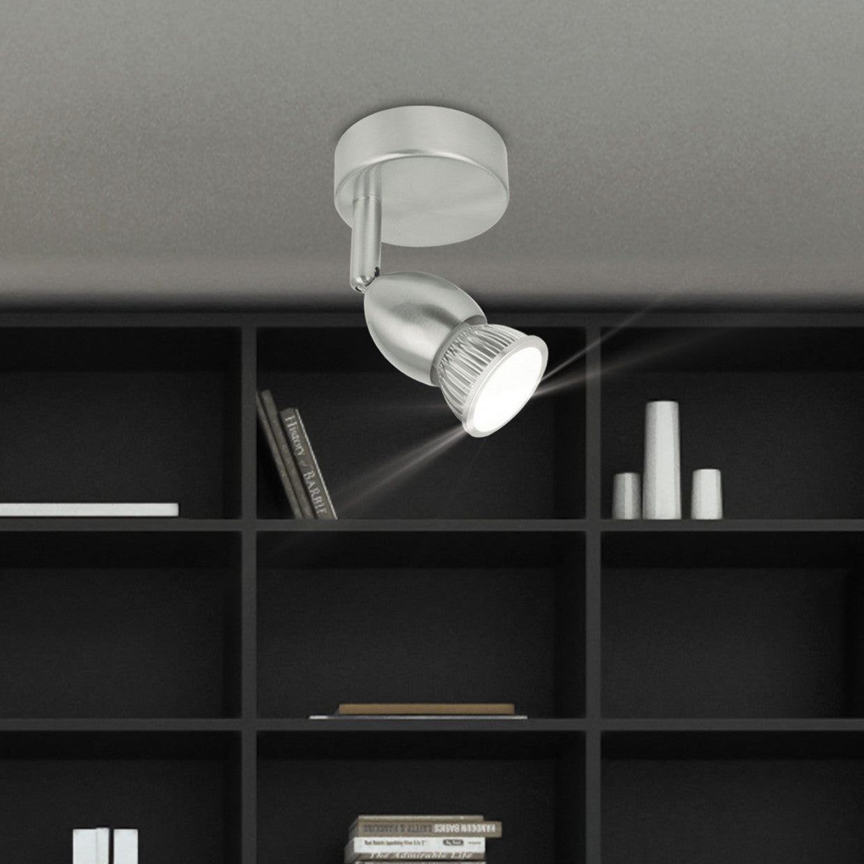 Foco Bala AJP/Alemar 10415: Dimensiones del elegante foco articulado en níquel satinado. Compatible con bombillas GU10 LED.  Compra en luzguru.com
