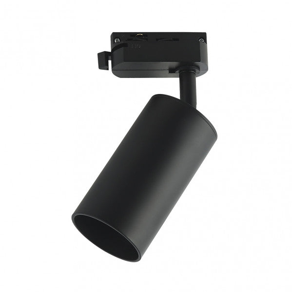 Foco de carril Voronia negro GU10, orientable 360º, Fabrilamp. Iluminación moderna y eficiente para interiores.