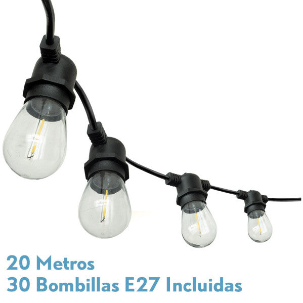 Guirnalda de luces exterior Verbena de 20 metros con 30 bombillas LED E27 reemplazables de Fabrilamp.