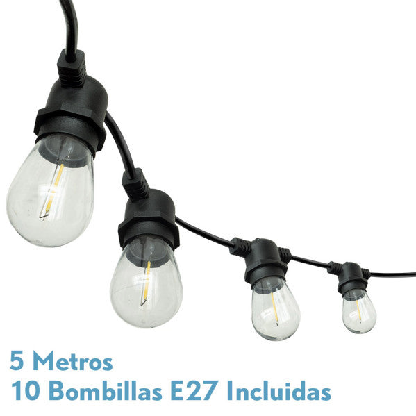 Guirnalda de luces exterior Verbena de 5 metros con 10 bombillas LED E27 reemplazables de Fabrilamp.