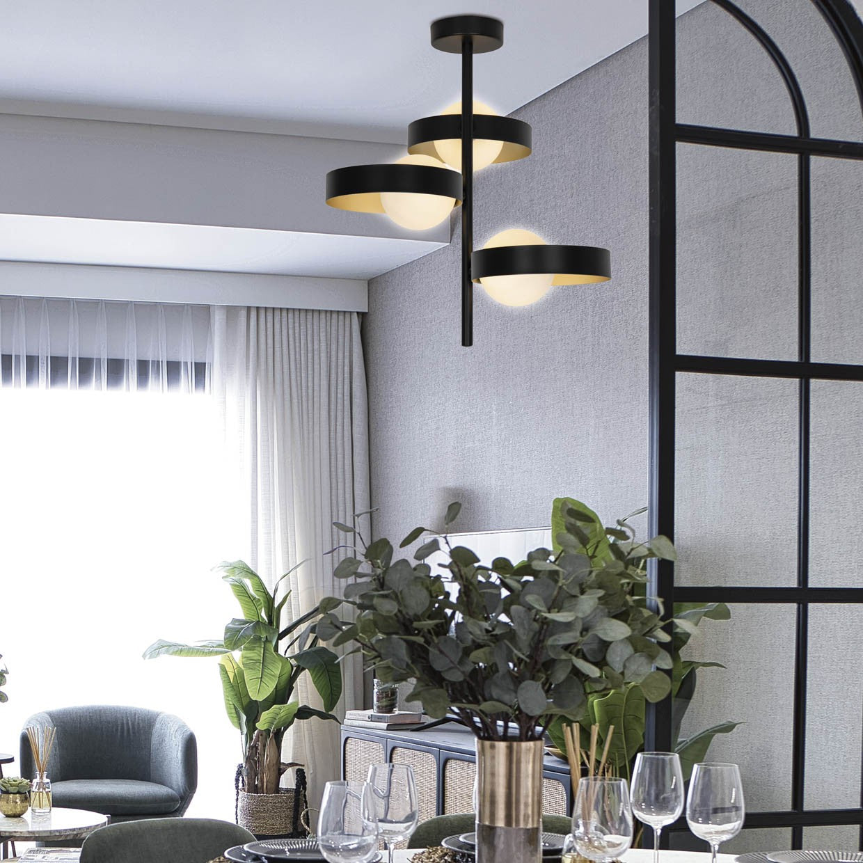 Medidas Lámpara Techo Arianna 3 Luces Negro-Oro AJP/Alemar (Ref. 60422) - LuzGuru
