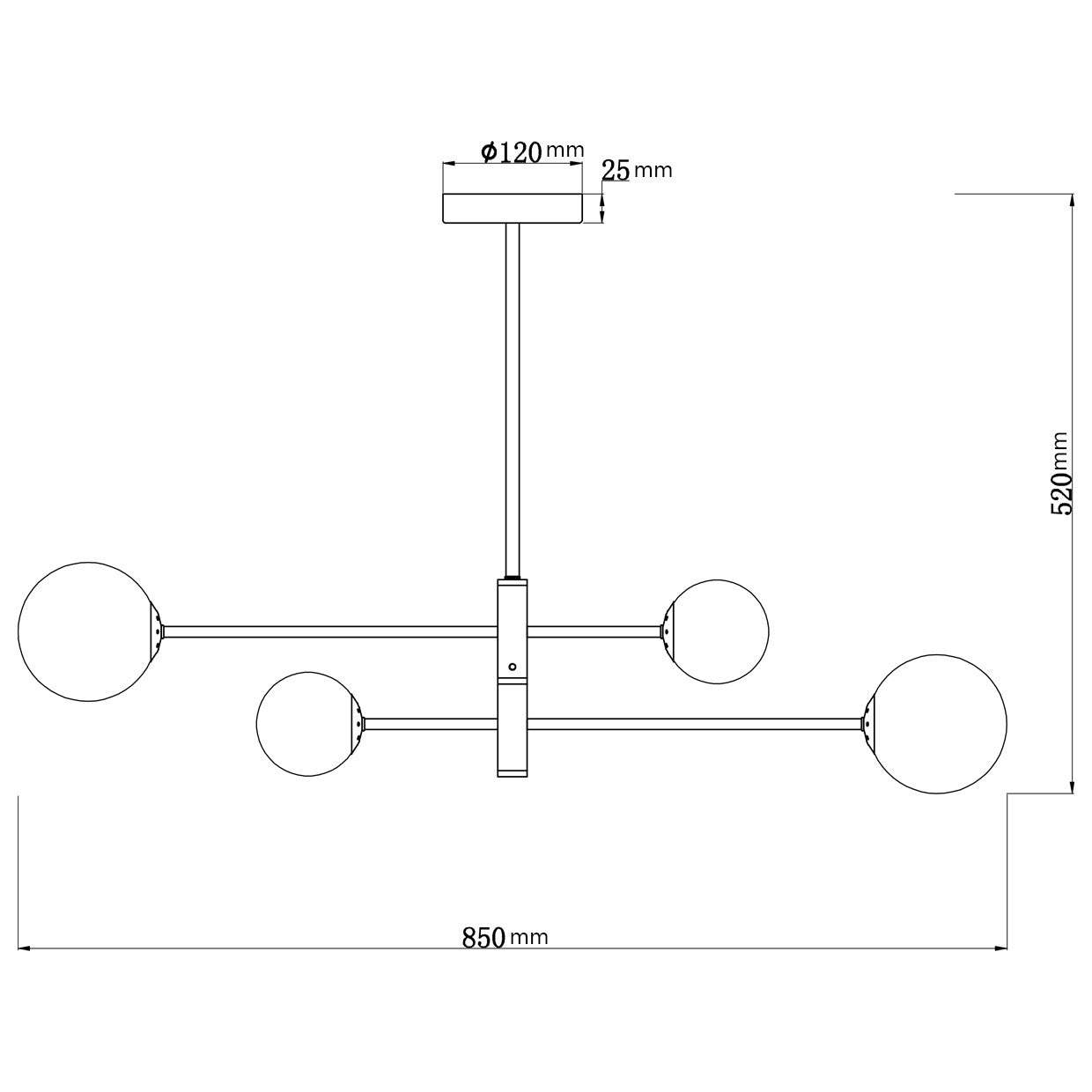 Lámpara Cosmica Latón 4 Luces AJP/Alemar (Ref. 11457): Medidas detalladas. Iluminación elegante y sofisticada para tu hogar.  Compra ahora en luzguru.com

