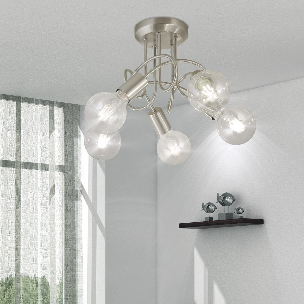 Lámpara Tenor 5 luces AJP/Alemar (Ref. 10919) - Medidas detalladas.  Niquel satinado. luzguru.com
