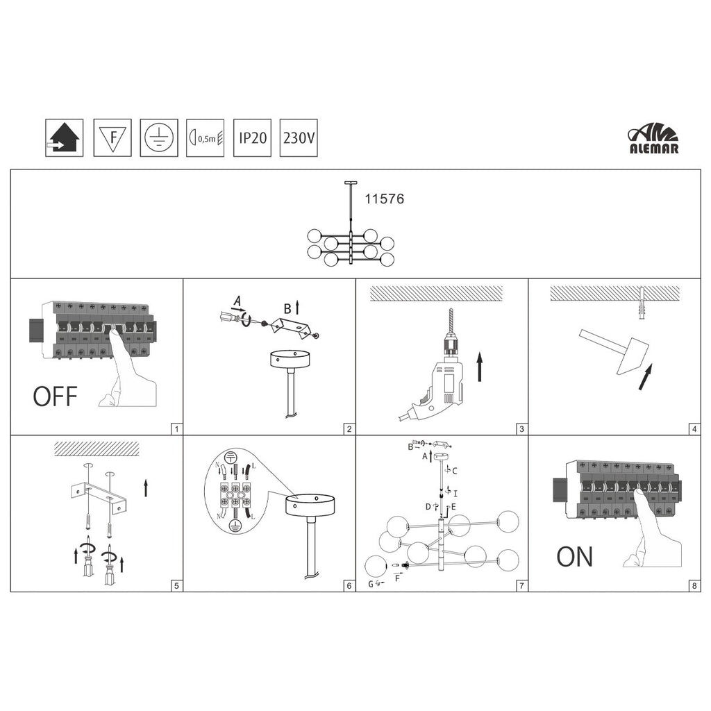 Lámpara Galaxia Latón Ámbar AJP/Alemar (Ref. 11576): Medidas detalladas. Iluminación cálida con 8 luces G9.  Luzguru.com
