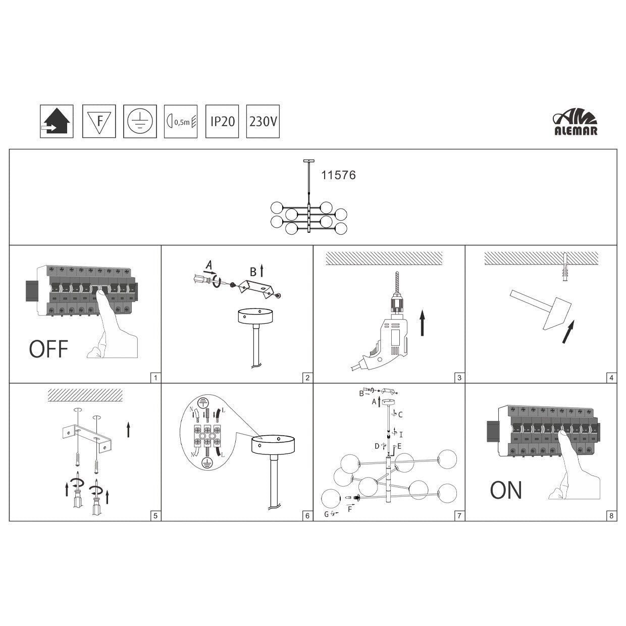 Lámpara Galaxia Latón Ámbar AJP/Alemar (Ref. 11576): Medidas detalladas. Iluminación cálida con 8 luces G9.  Luzguru.com
