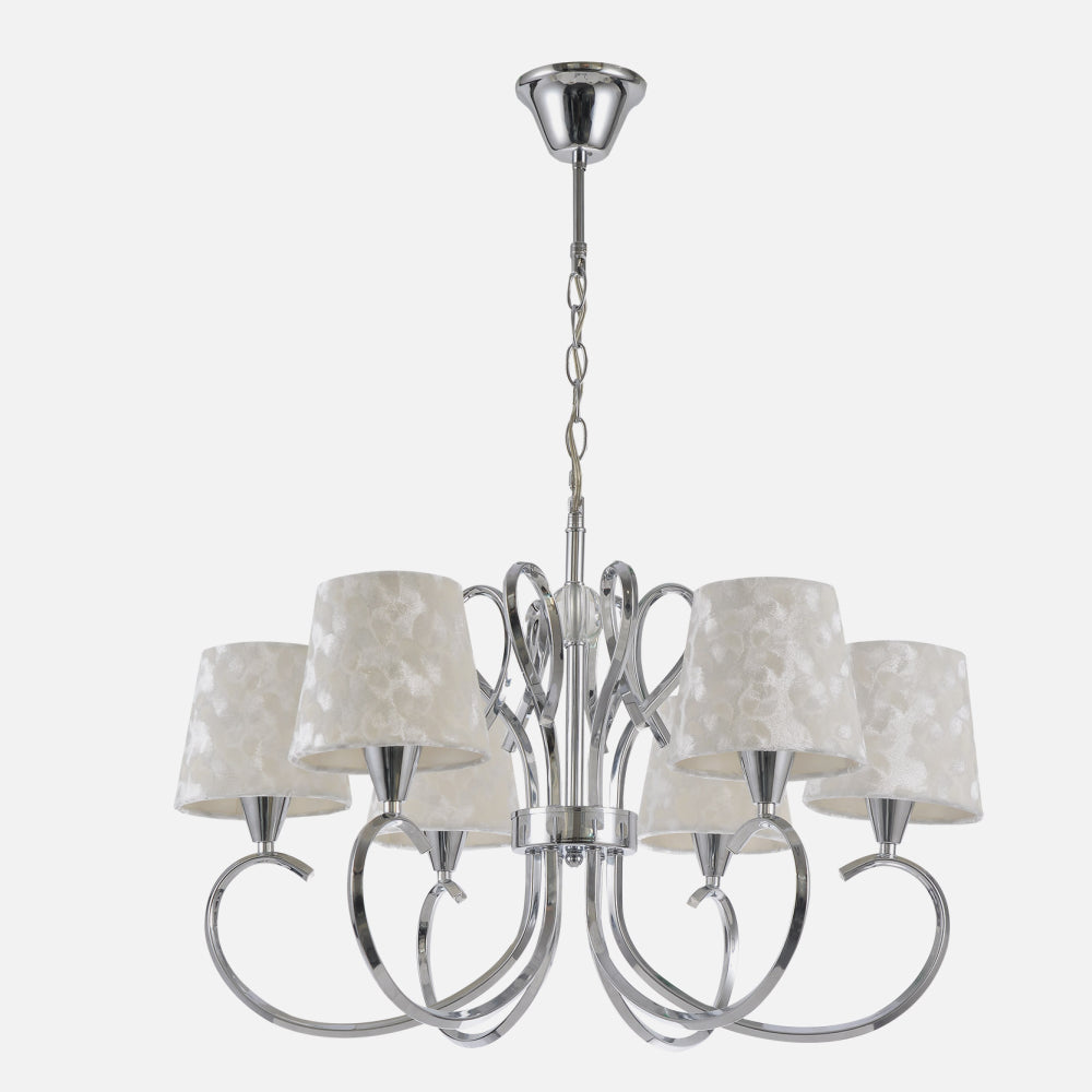 Lámpara Cancún fabricada en metal cromo y textil blanco con detalles de cristal