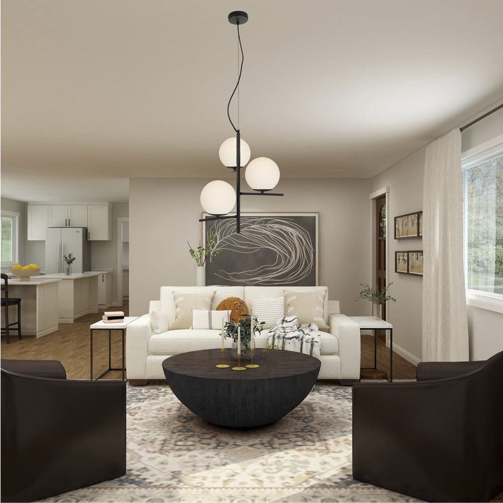 Lámpara colgante Boston fabricada en acero color negro con tulipas de cristal opal
