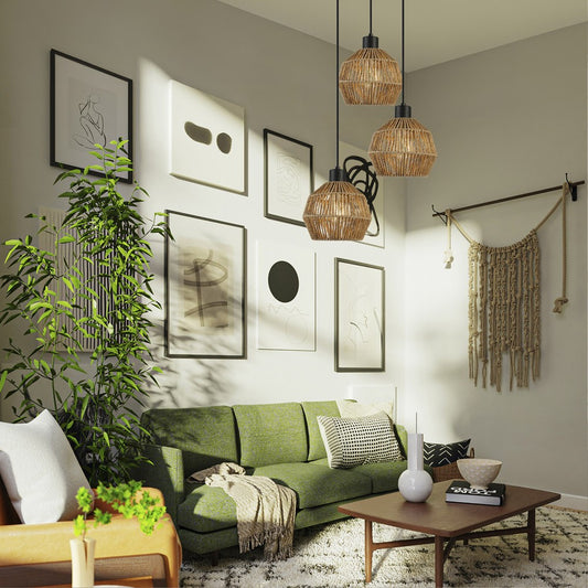 Krabi fabricada en metal y ratán color negro, lámpara colgante de diseño