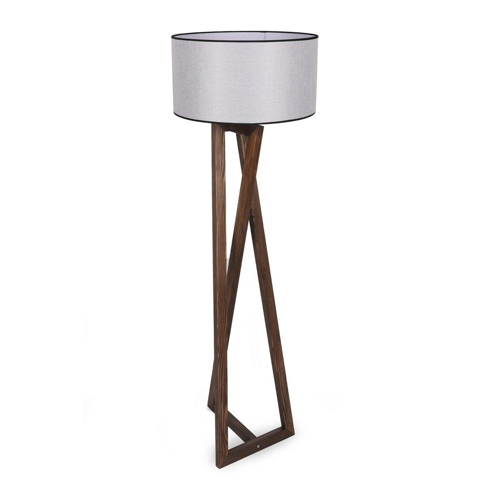 Lámpara de pie fabricada en madera color gris con pantalla de tela