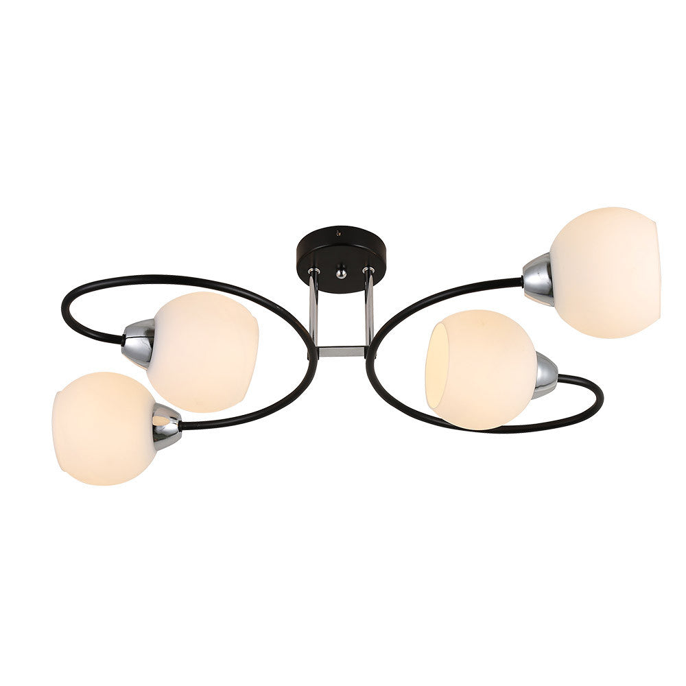 Lámpara Fuji fabricada en metal color negro y cromo, con tulipas de cristal blanco para luz difusa