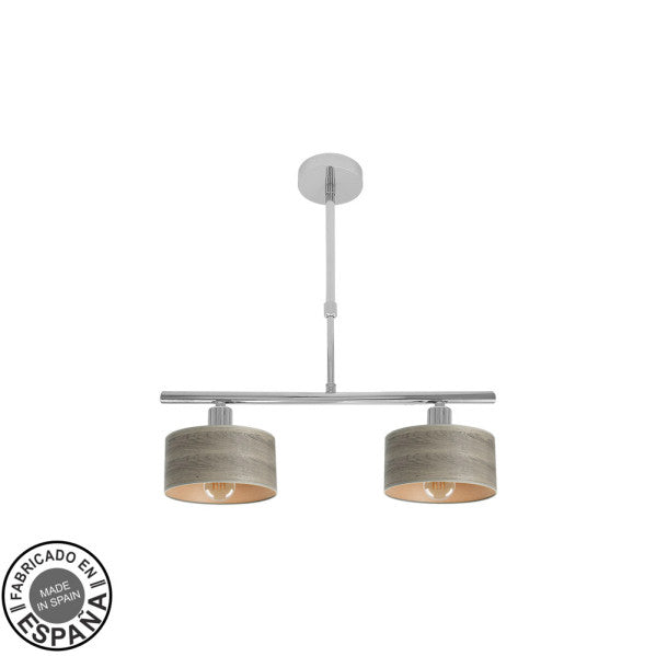 Lámpara Gilda 2xE14 Cromo/Madera Gris de Fabrilamp, vista frontal. Iluminación moderna y elegante para tu hogar.