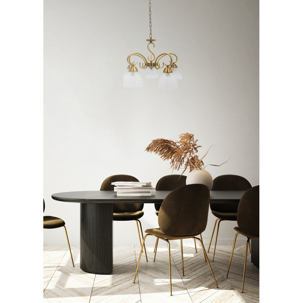 Lámpara Jaipur fabricada en metal color cuero con tulipas de cristal ácido y transparente